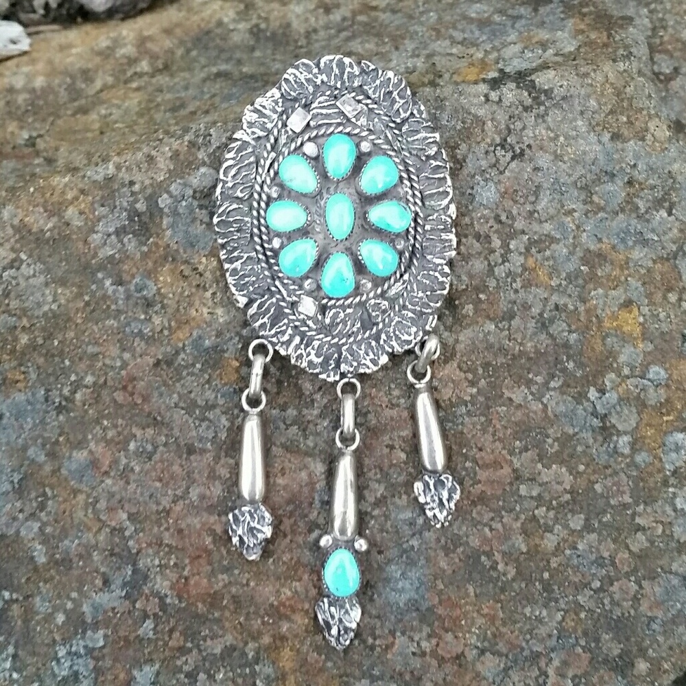 Vintage Turquoise Sterling Silver Large Pendant